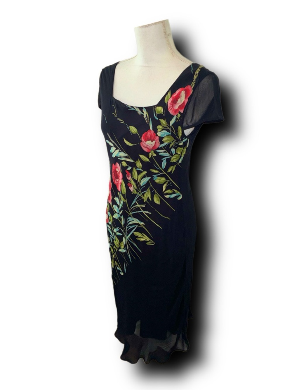 Vintage 90s Y2K Romantic Black Whimsigoth Floral Sheath Dress by American Angel - Picture 2 of 5